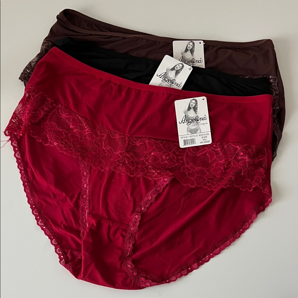 3 X Angelina Women's Lace Trim Panties - Black, Red, Brown #G3214